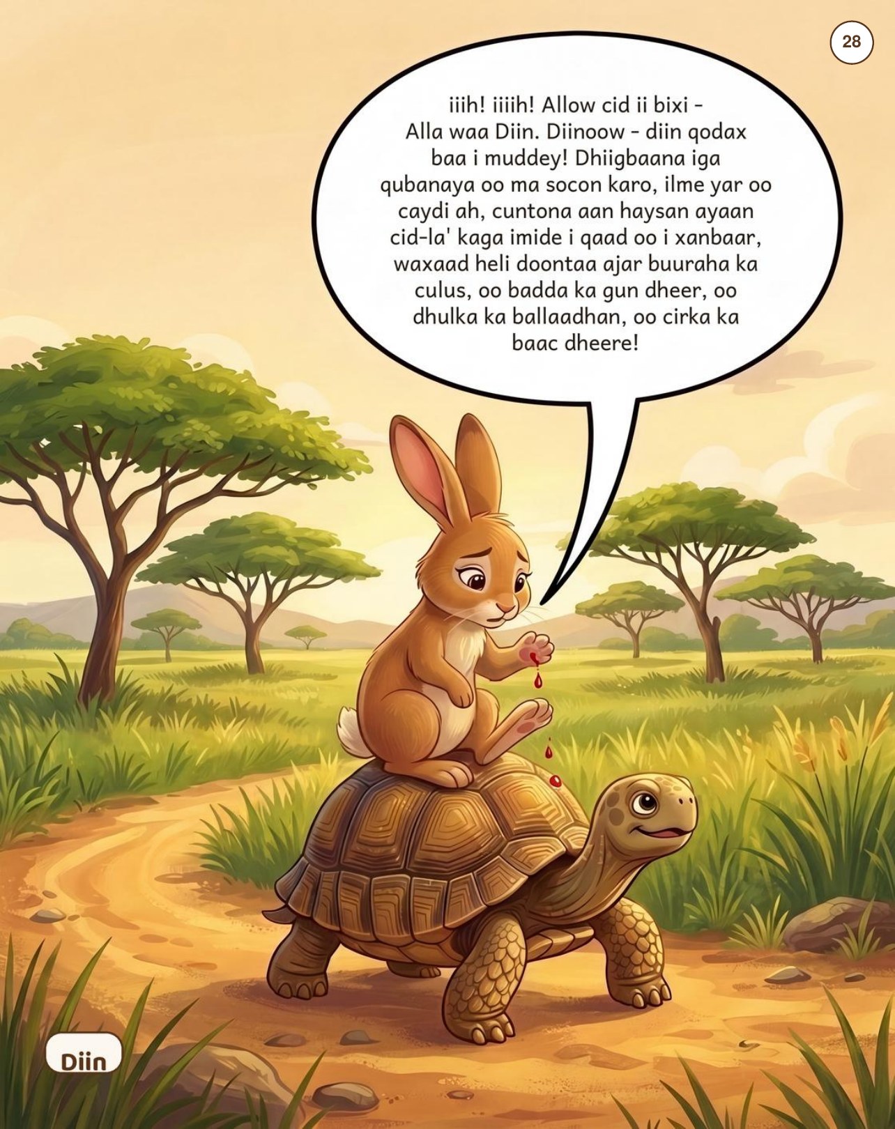 Storybook page: the little rabbit rides on the back of a tortoise