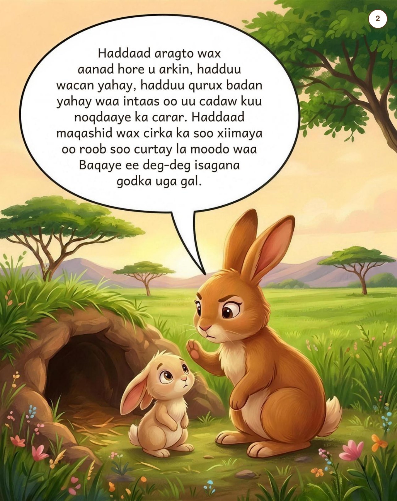 Storybook page: a mother rabbit warns her little one outside their burrow