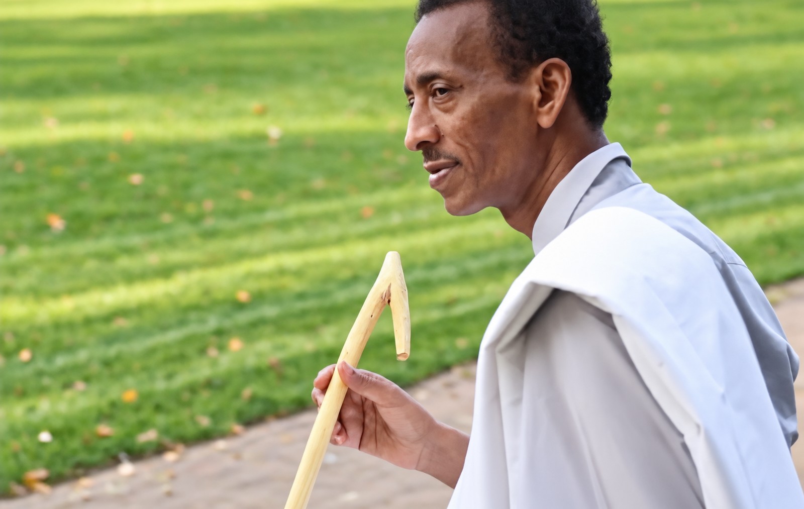 Faarax Cawil Jaamac walking outdoors holding a wooden stick