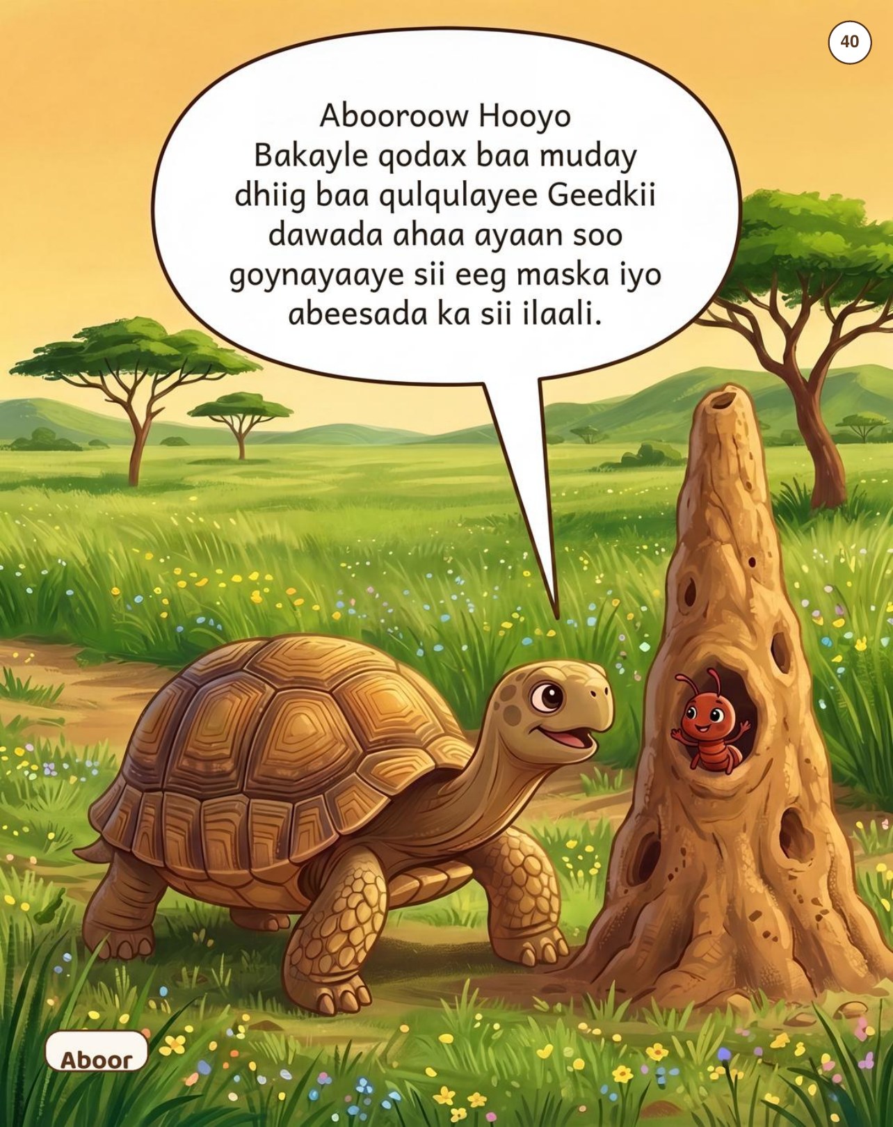 Storybook page: the tortoise speaks to an ant at its termite mound