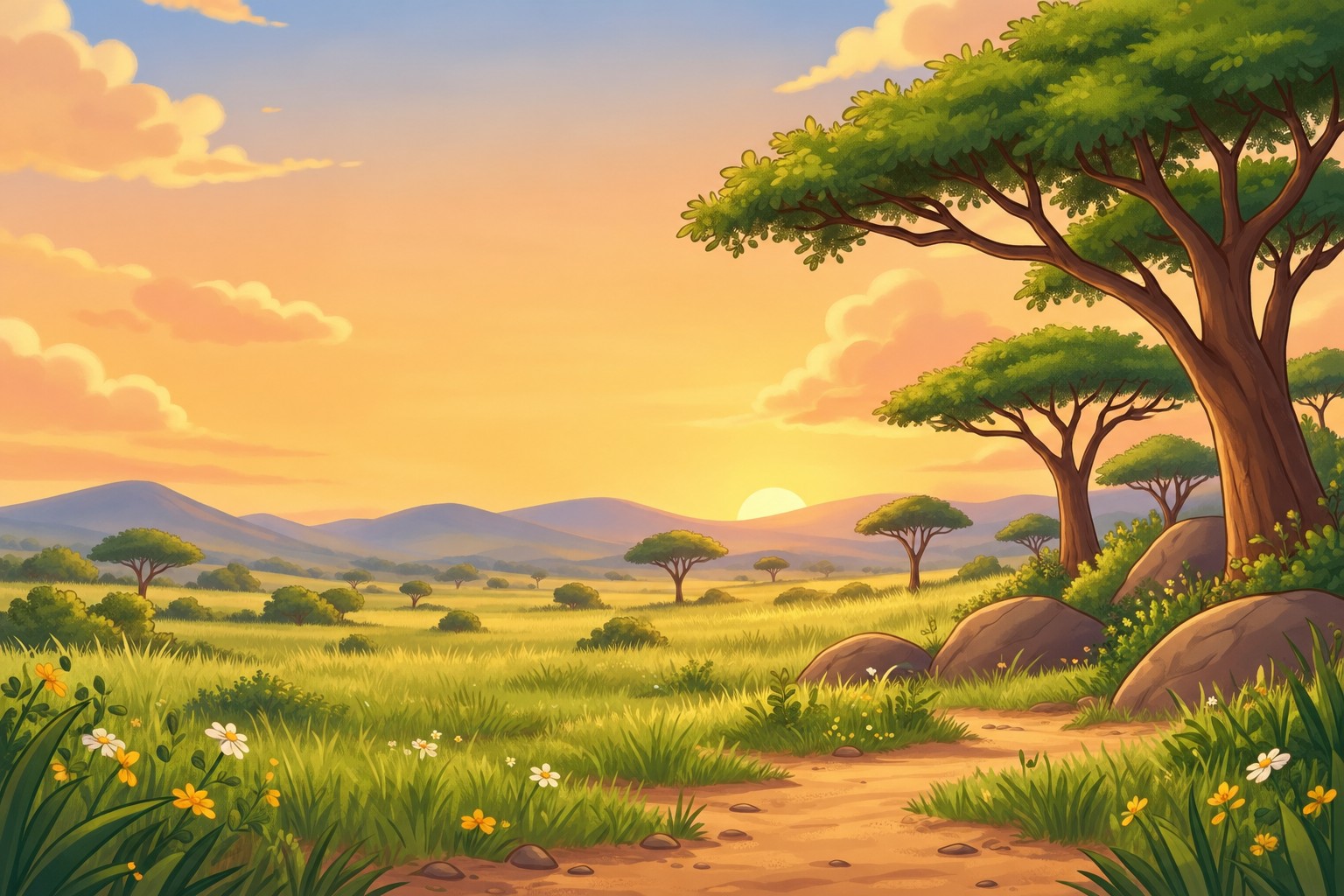Savanna at sunrise with acacia trees, green grass and wildflowers
