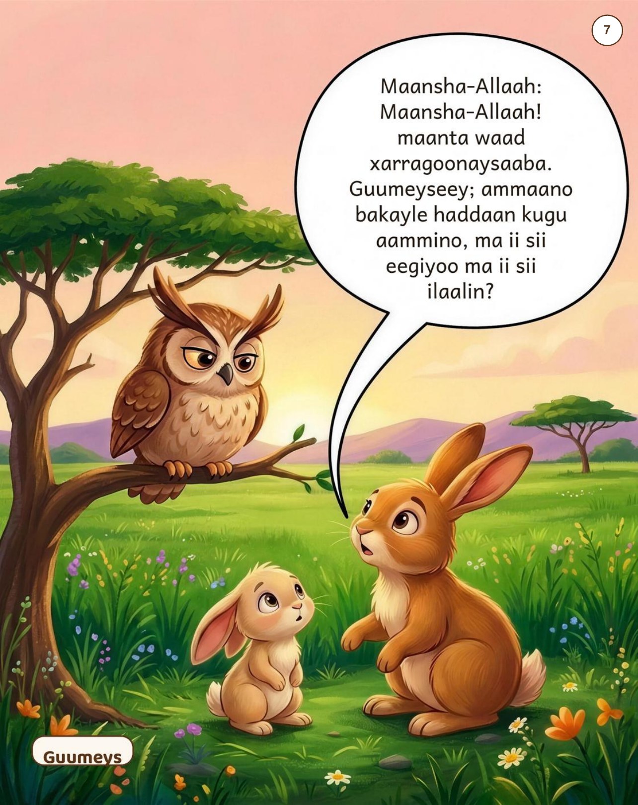 Storybook page: an owl on a branch speaks to the rabbits below