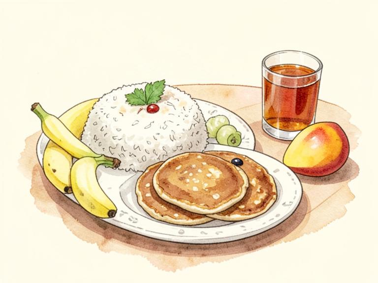 A plate of rice, canjeero pancakes, banana, mango and a glass of tea
