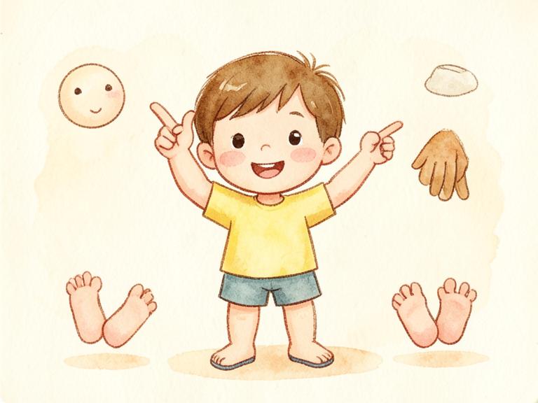 A smiling child pointing to head, hands and feet