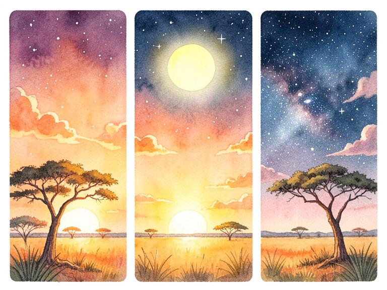 Sunrise, midday sun and a starry night above a savanna horizon