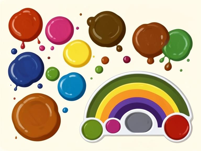 Colourful paint blobs and a rainbow palette in warm earthy tones