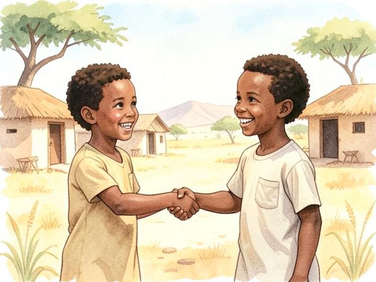 Two Somali children smiling and shaking hands in a village