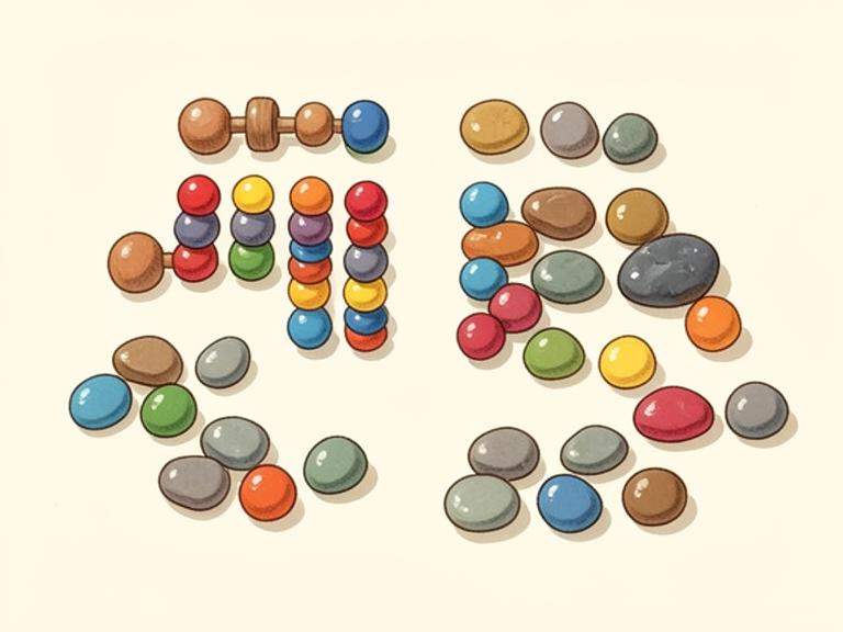 Colourful counting beads and pebbles grouped on a cream background