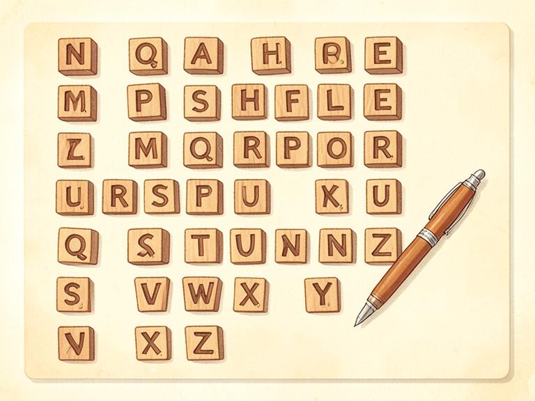 Wooden alphabet blocks and a pen on warm cream paper