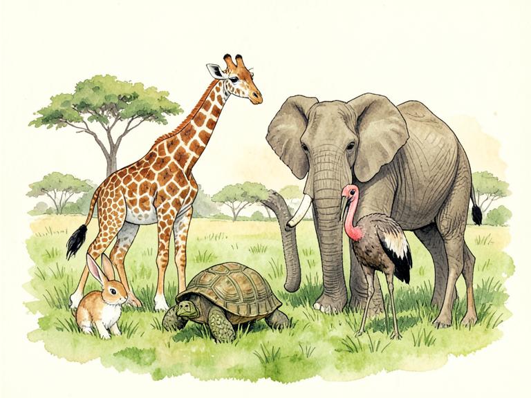 A rabbit, tortoise, giraffe, elephant and ostrich together in the savanna